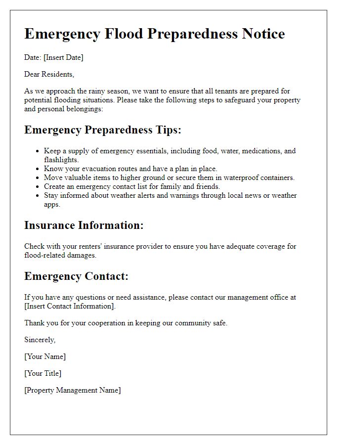 Letter template of emergency flood preparedness for renters