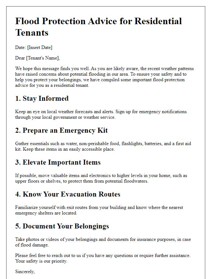 Letter template of flood protection advice for residential tenants