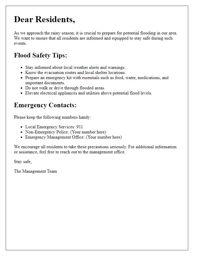 Letter template of flood safety awareness for apartment dwellers