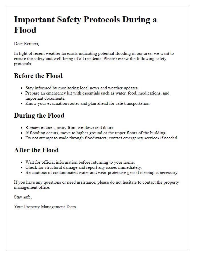 Letter template of safety protocols during a flood for renters