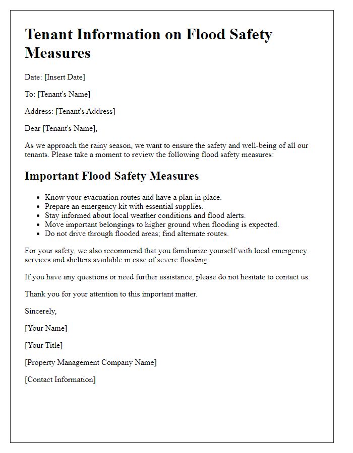 Letter template of tenant information on flood safety measures