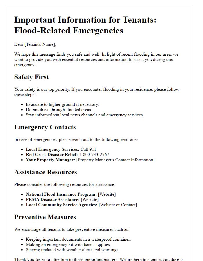 Letter template of tenant resources for flood-related emergencies