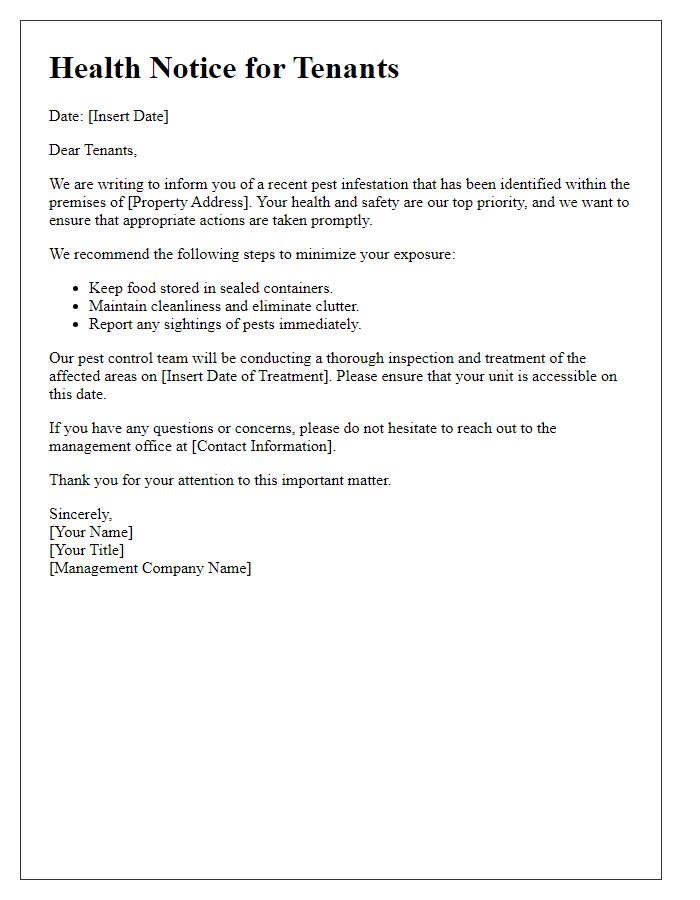 Letter template of health notice for pest infestation for tenants