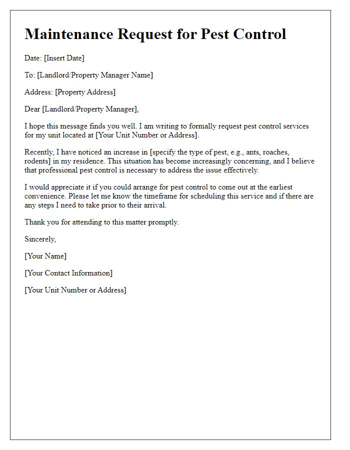 Letter template of maintenance request for pest control