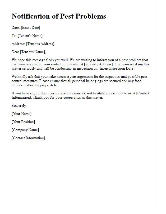 Letter template of notification regarding pest problems for renters