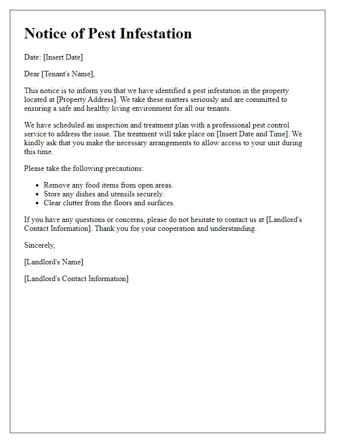 Letter template of pest infestation notice for tenants