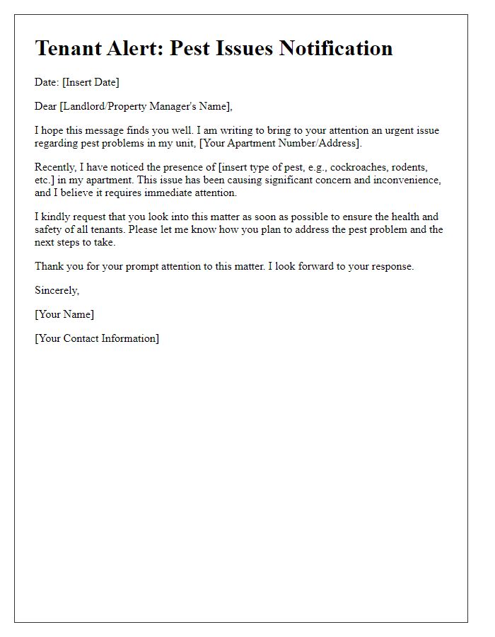 Letter template of tenant alert about pest issues