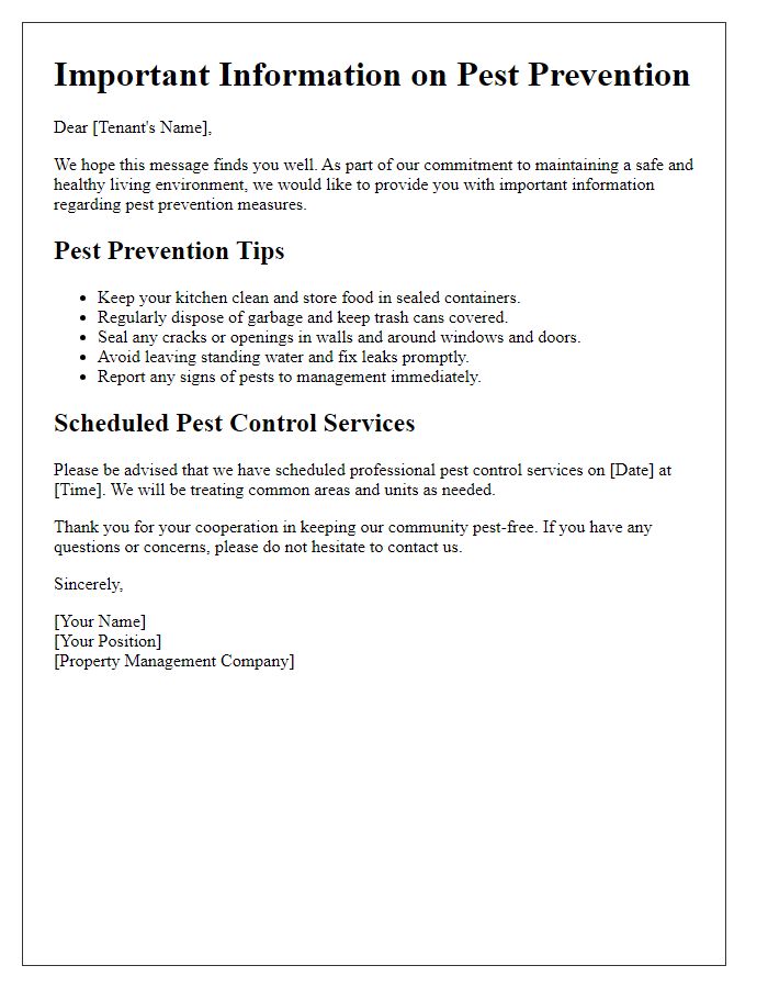 Letter template of tenant information on pest prevention measures