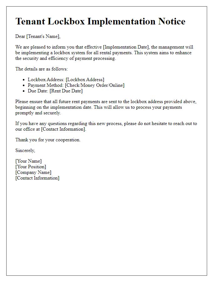 Letter template of Tenant Lockbox Implementation Notice