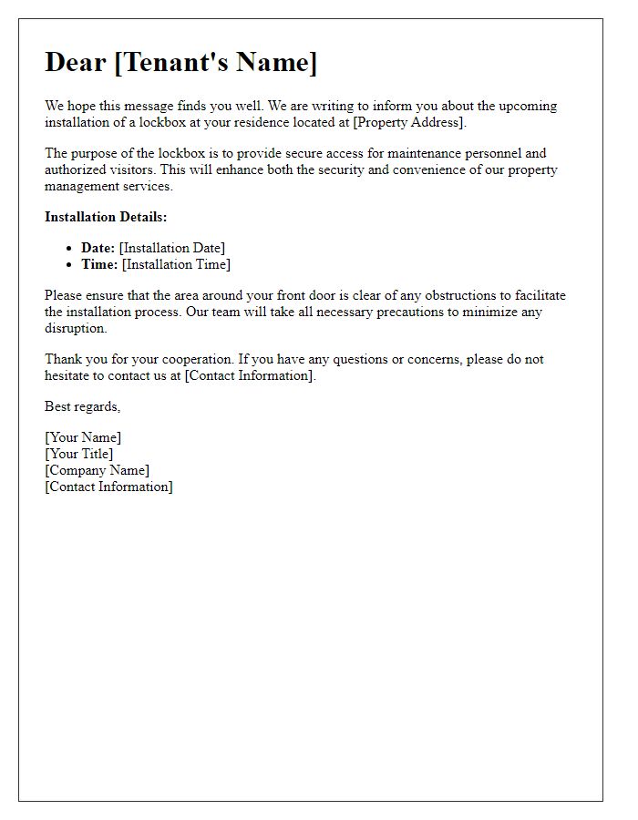 Letter template of Tenant Lockbox Installation Announcement