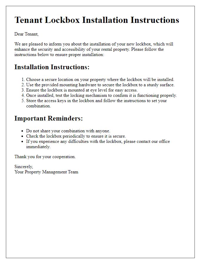 Letter template of Tenant Lockbox Installation Instructions