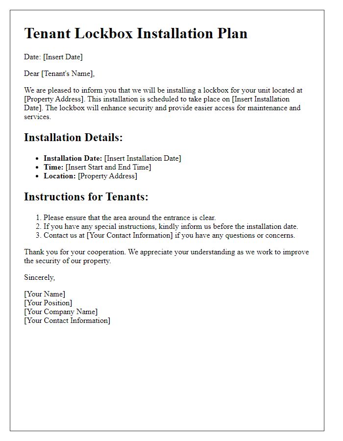 Letter template of Tenant Lockbox Installation Plan