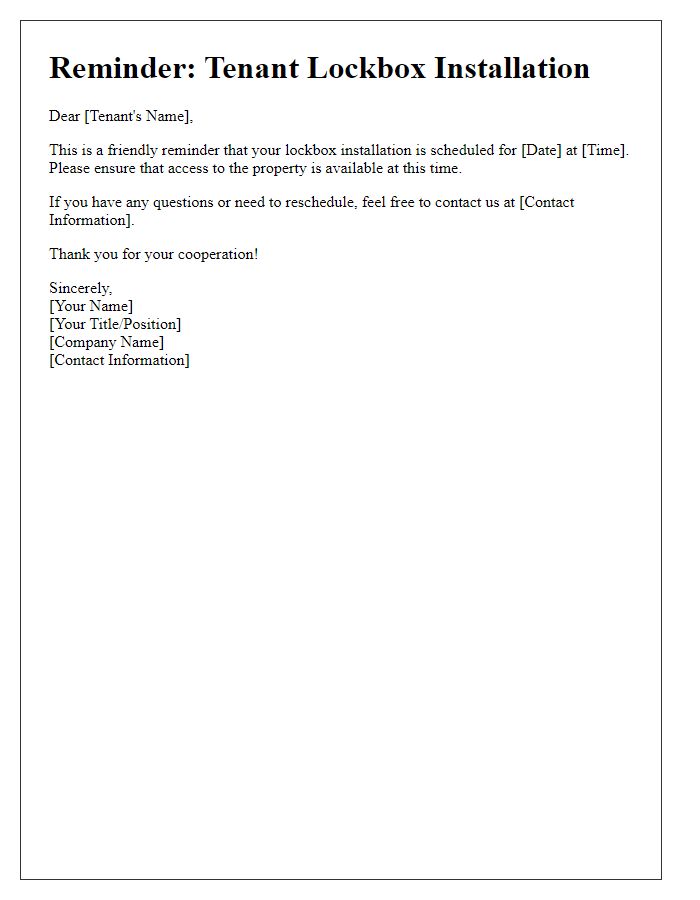 Letter template of Tenant Lockbox Installation Reminder