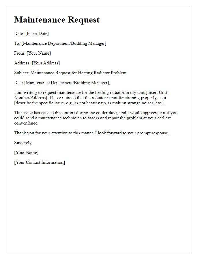 Letter template of maintenance request for heating radiator problem