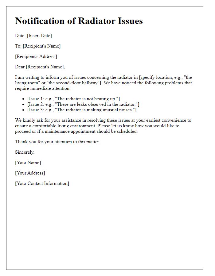 Letter template of notification for radiator issues needing attention