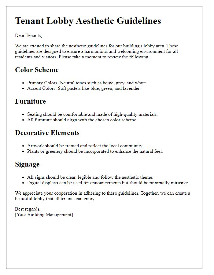 Letter template of tenant lobby aesthetic guidelines.