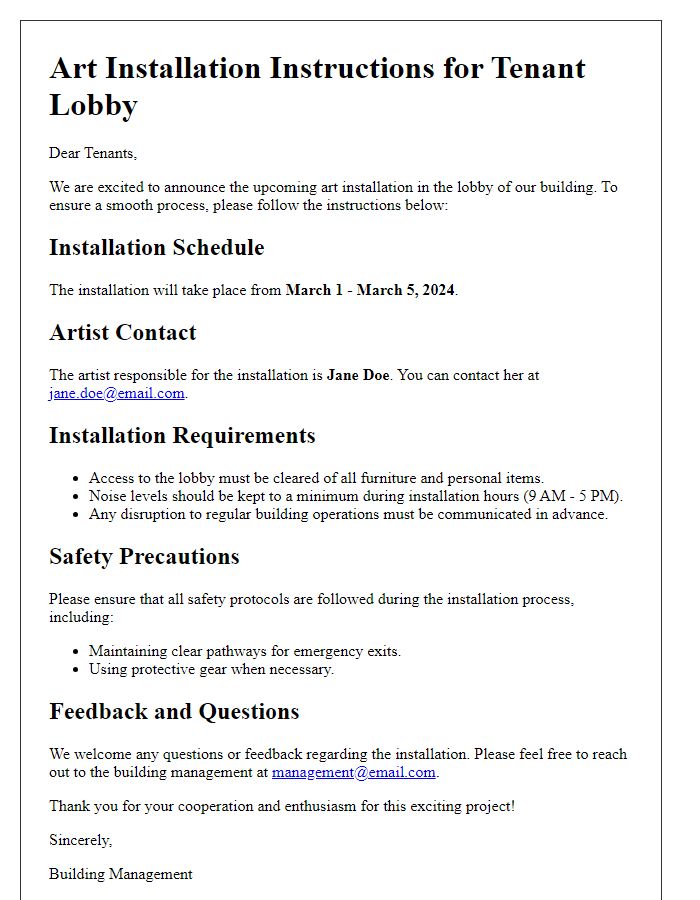 Letter template of tenant lobby art installation instructions.