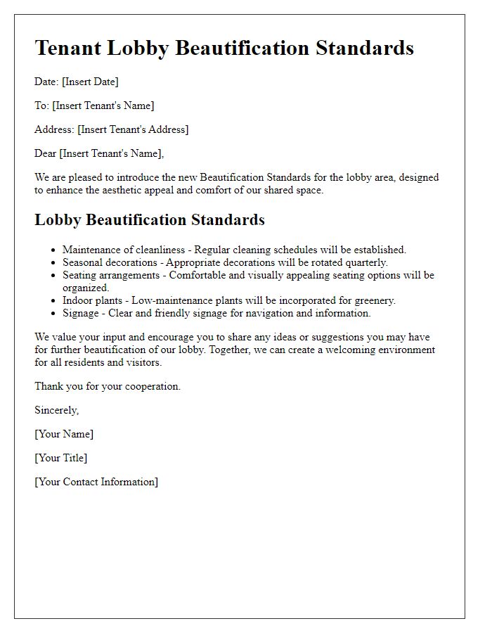 Letter template of tenant lobby beautification standards.