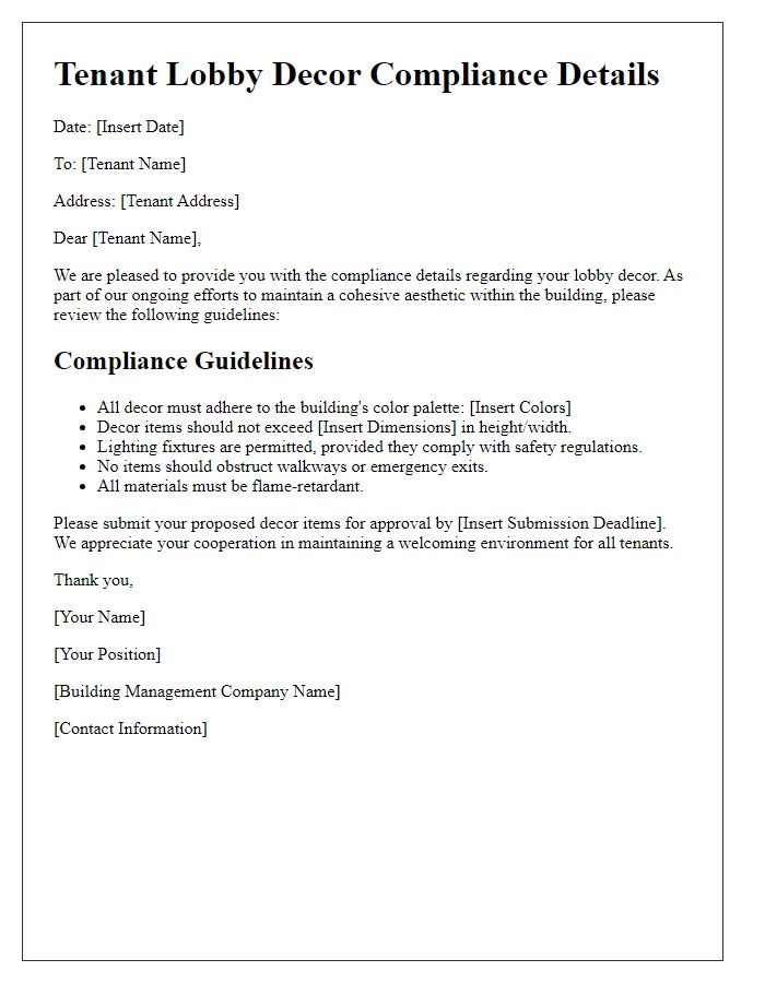 Letter template of tenant lobby decor compliance details.