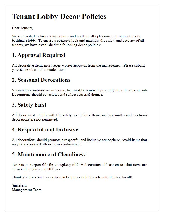 Letter template of tenant lobby decor policies.