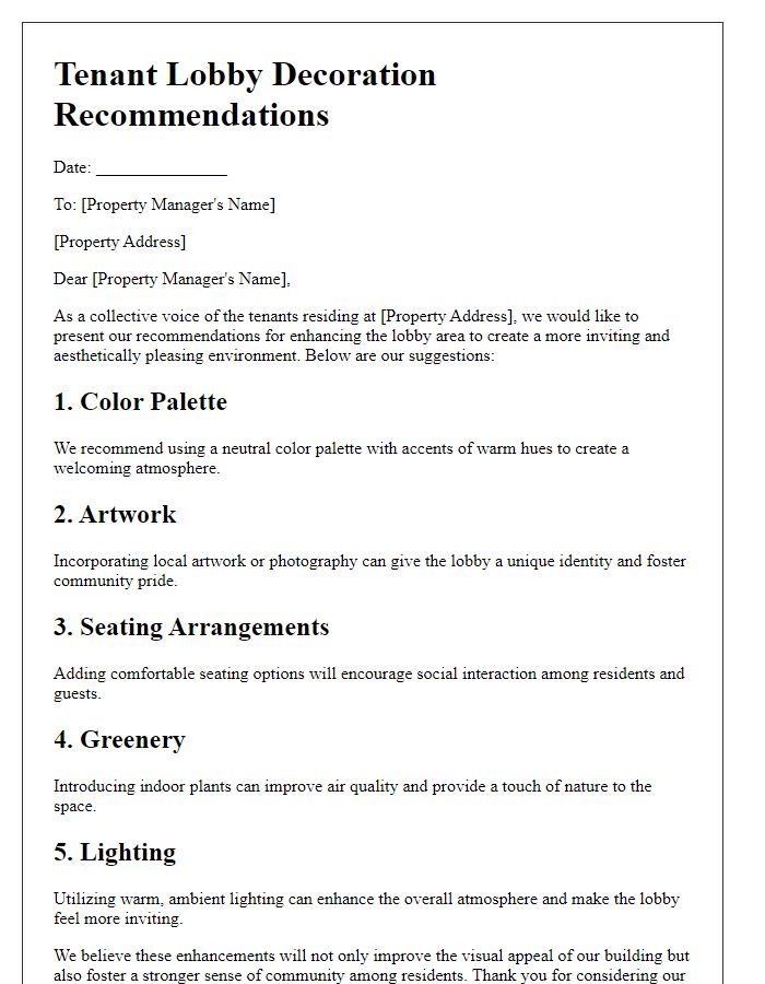 Letter template of tenant lobby decoration recommendations.