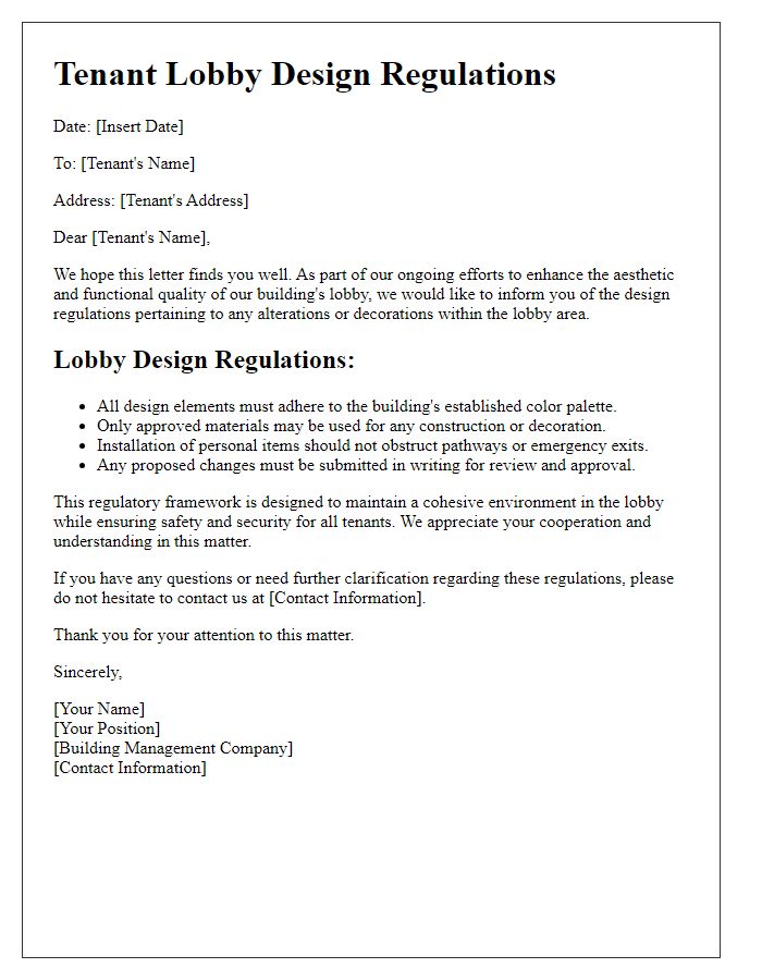 Letter template of tenant lobby design regulations.