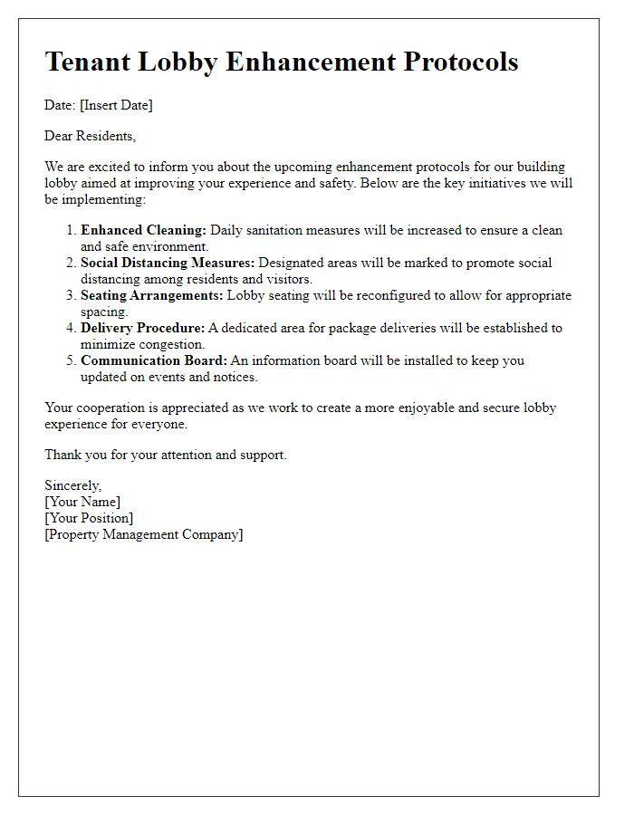 Letter template of tenant lobby enhancement protocols.