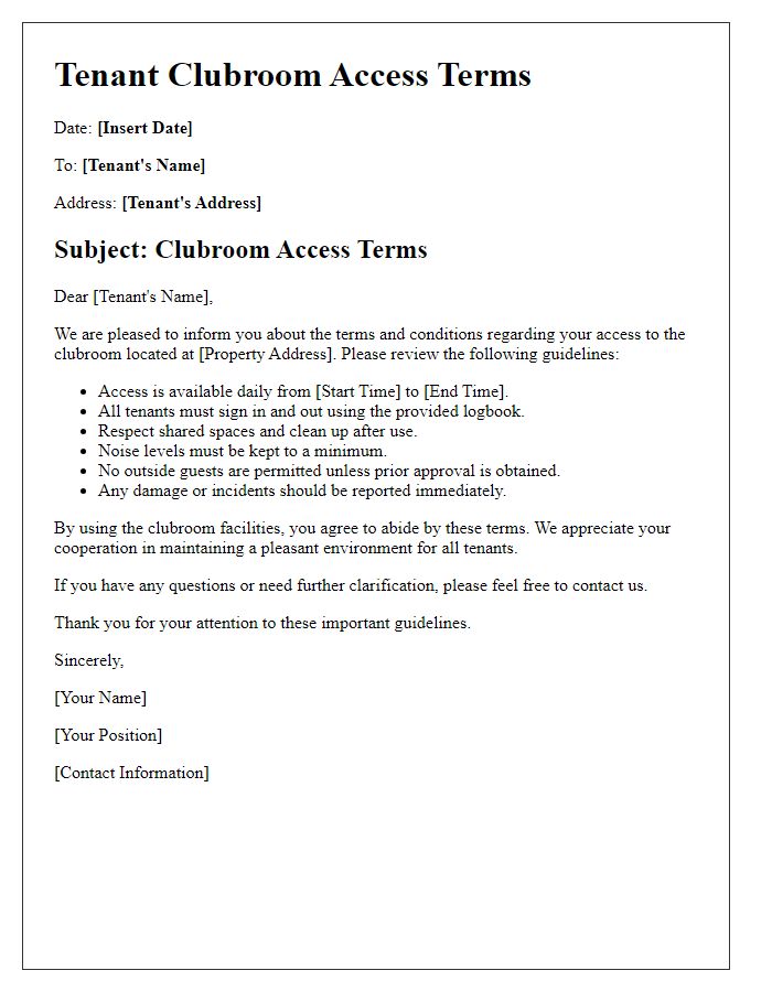 Letter template of tenant clubroom access terms