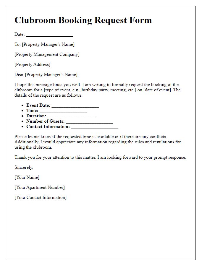 Letter template of tenant clubroom booking request form