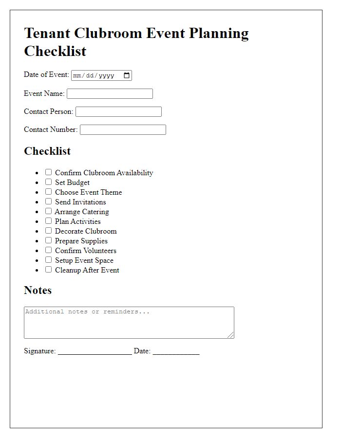 Letter template of tenant clubroom event planning checklist