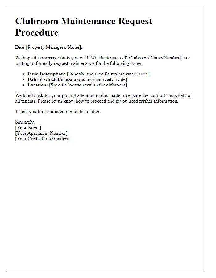 Letter template of tenant clubroom maintenance request procedure