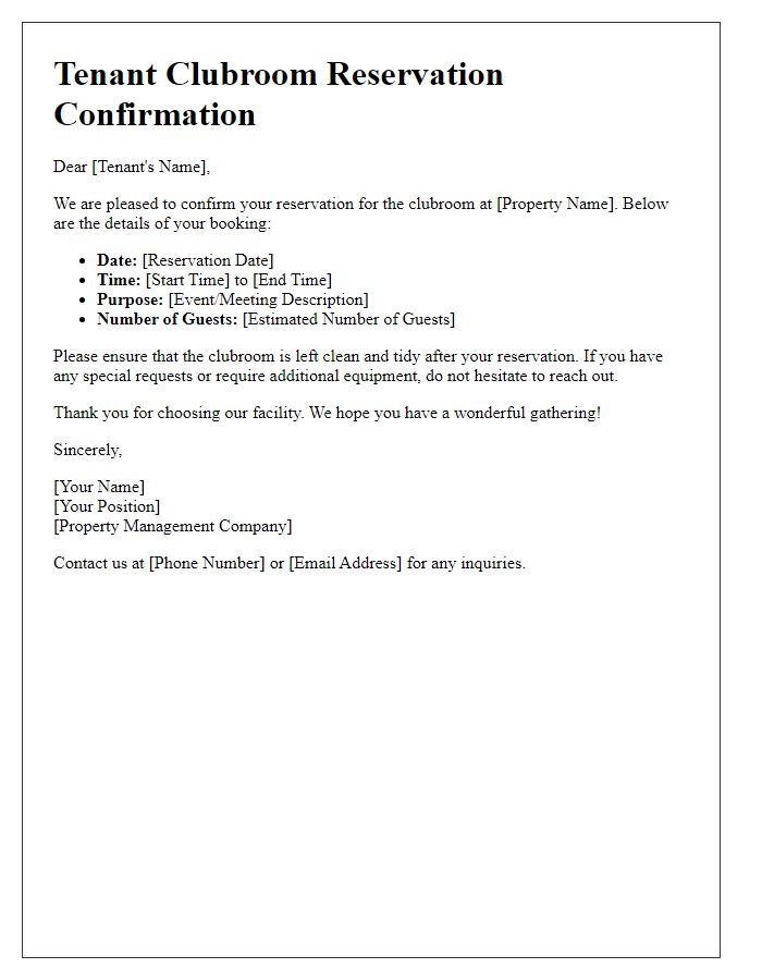 Letter template of tenant clubroom reservation confirmation