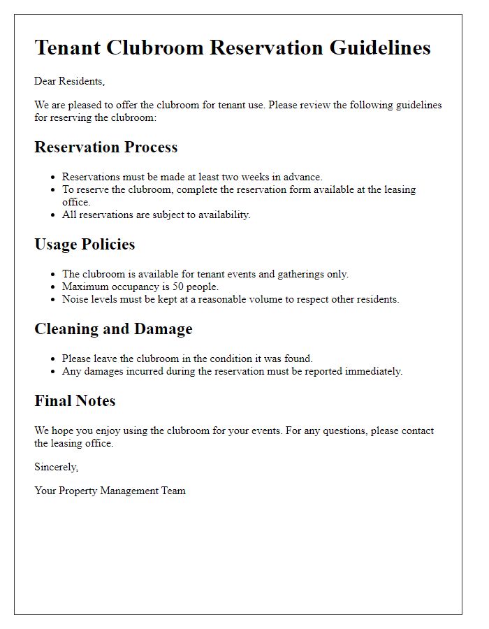 Letter template of tenant clubroom reservation guidelines