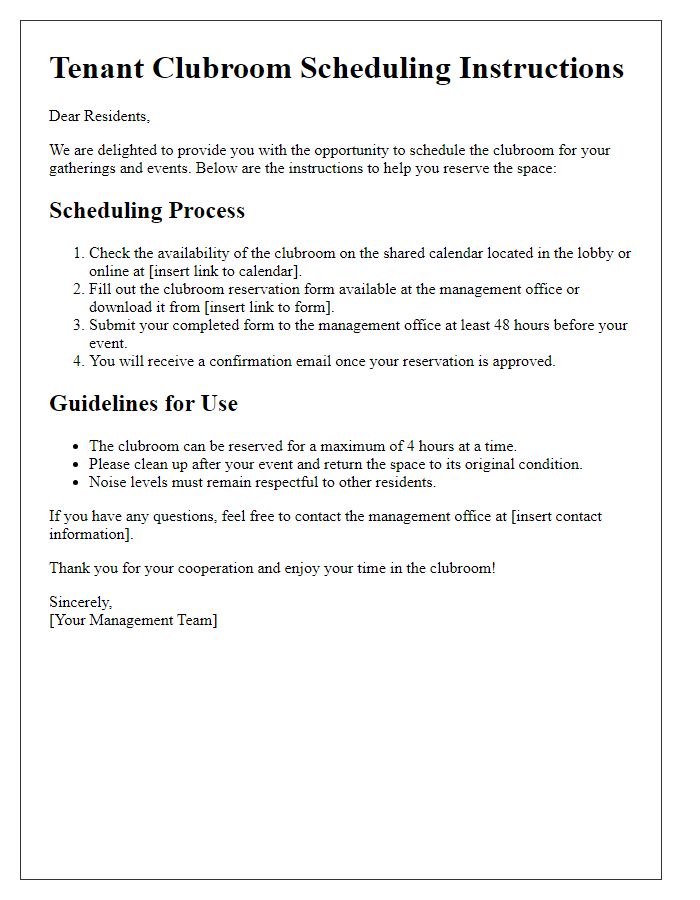 Letter template of tenant clubroom scheduling instructions