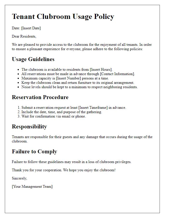 Letter template of tenant clubroom usage policy