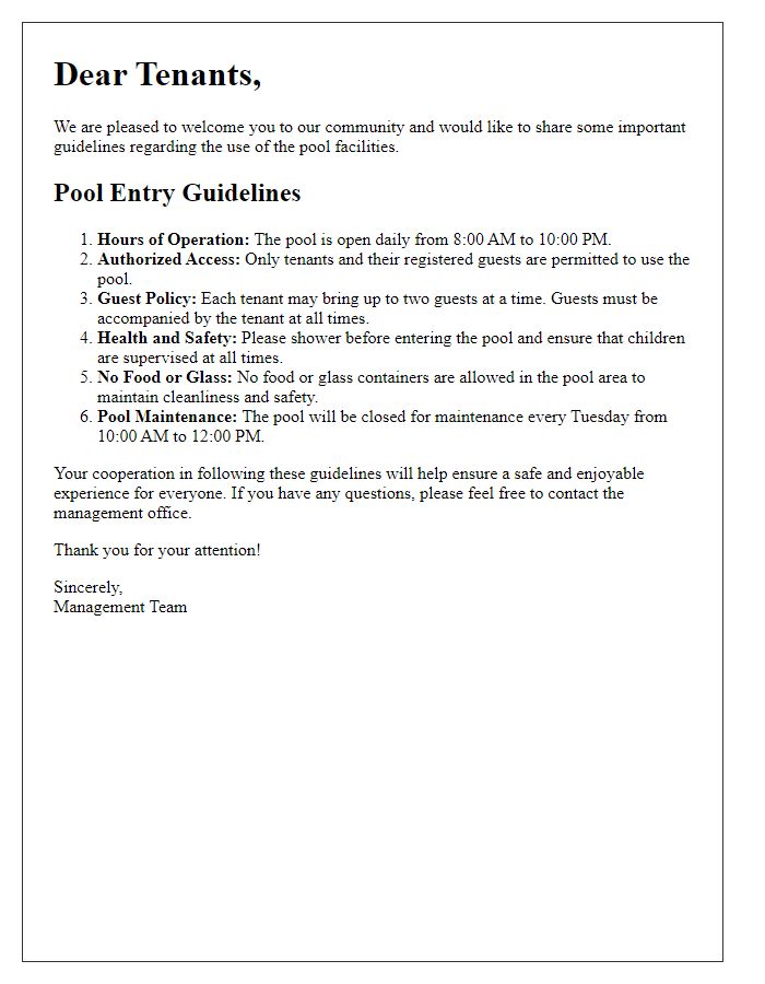 Letter template of guidelines for tenant pool entry.