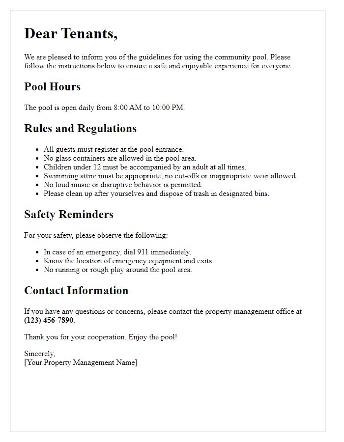 Letter template of instructions for tenant pool usage.