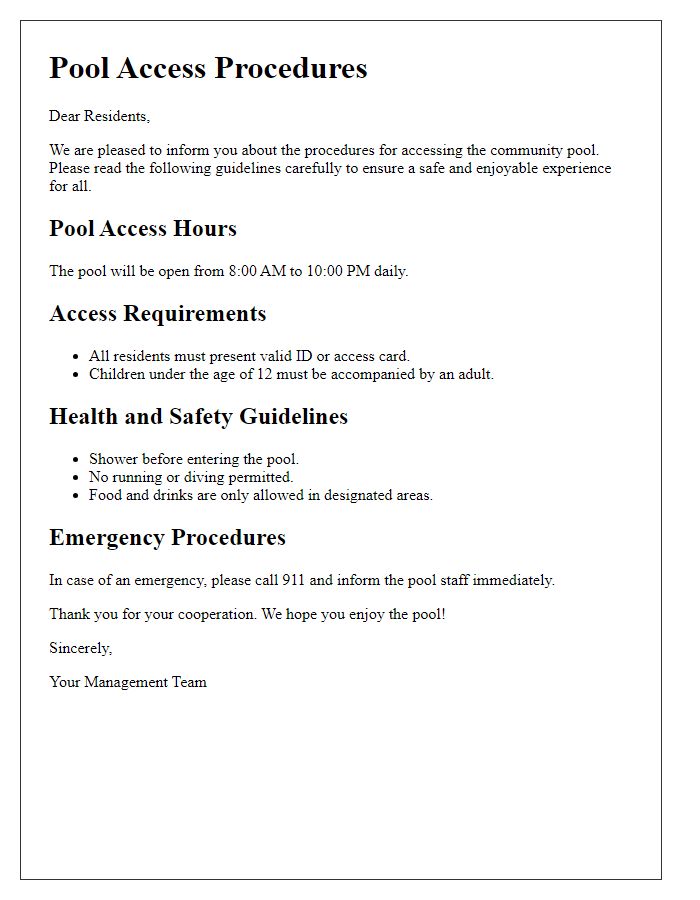 Letter template of pool access procedures for residents.