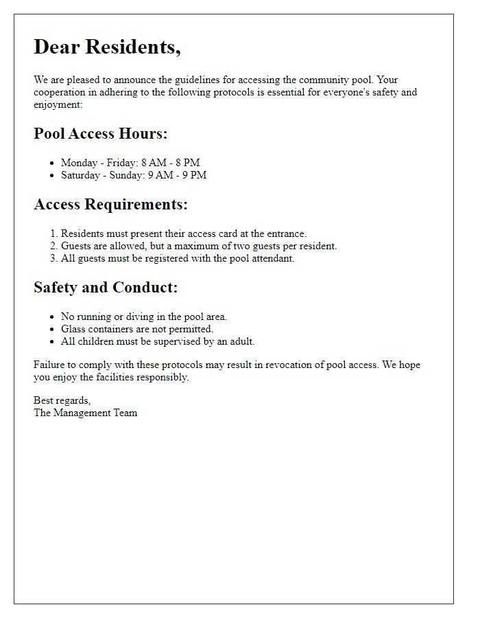 Letter template of pool access protocols for residents.