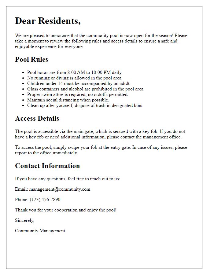 Letter template of resident pool rules and access details.