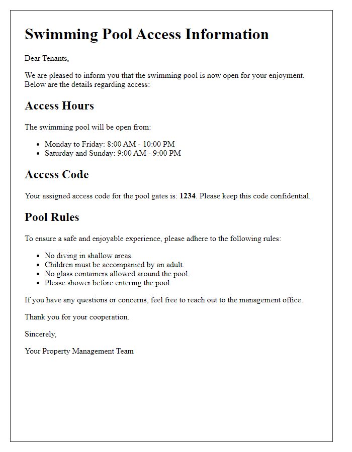 Letter template of swimming pool access information for tenants.