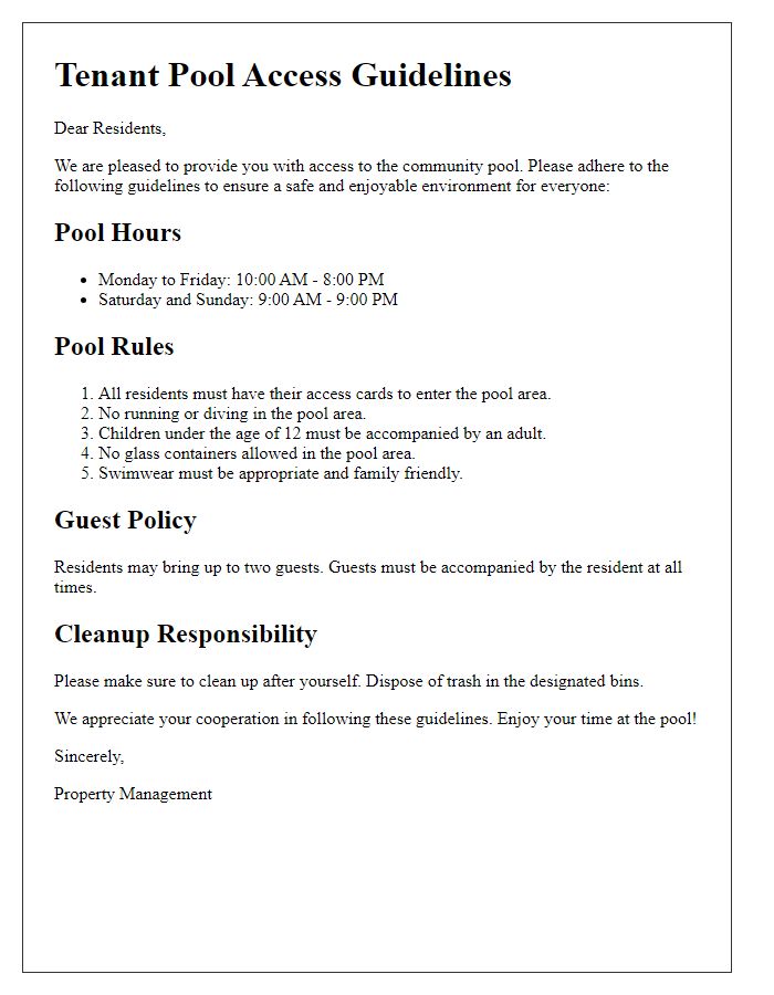 Letter template of tenant pool access guidelines.