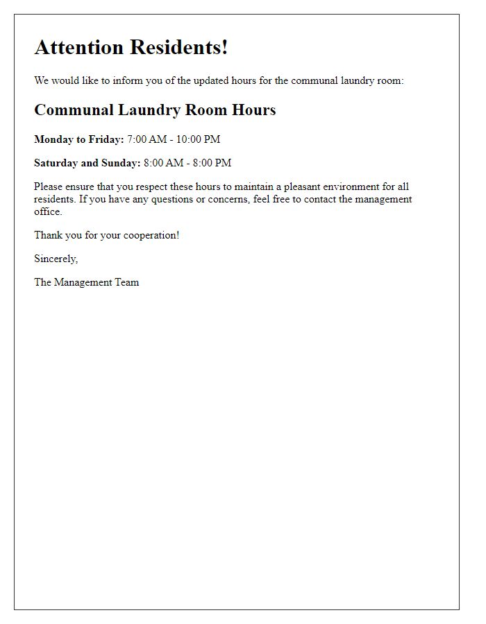 Letter template of communal laundry room hours for occupants