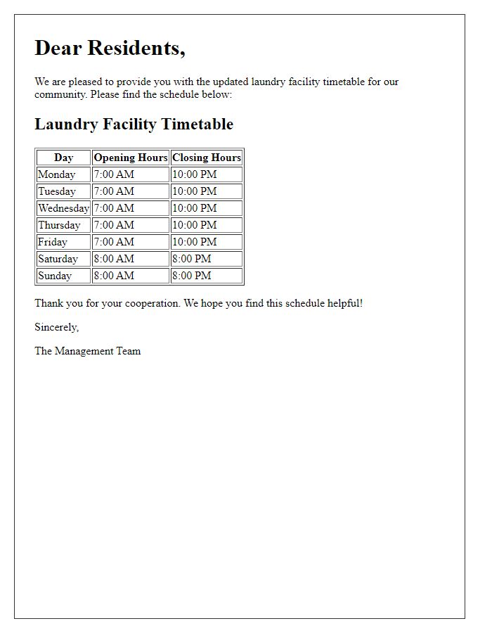 Letter template of laundry facility timetable for residents