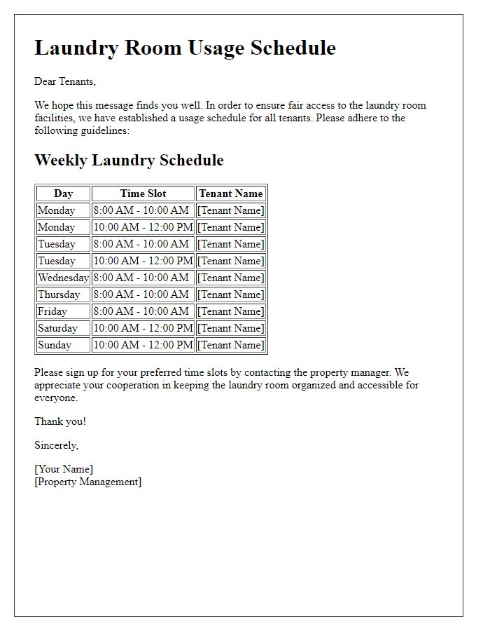 Letter template of laundry room usage schedule for tenants