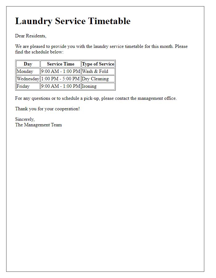 Letter template of laundry service timetable for residents