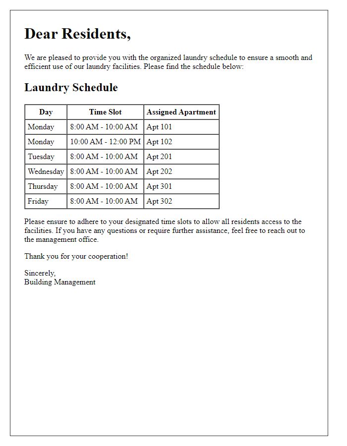 Letter template of organized laundry schedule for building residents