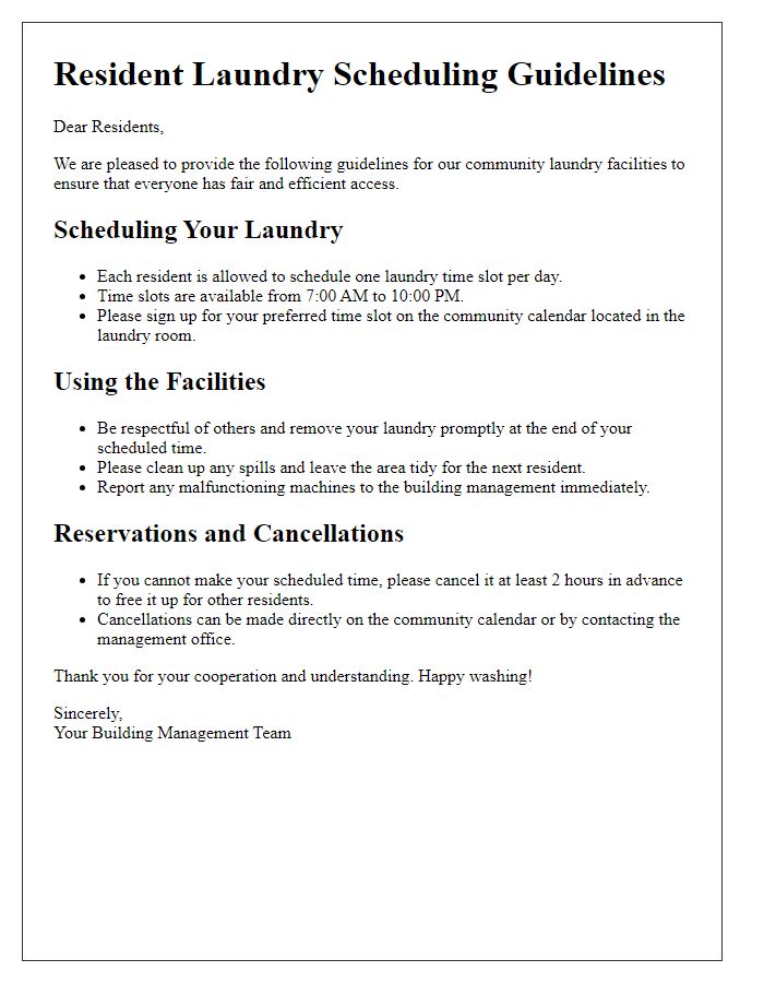 Letter template of resident laundry scheduling guidelines