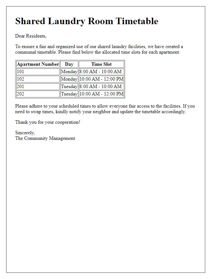 Letter template of shared laundry room timetable for community