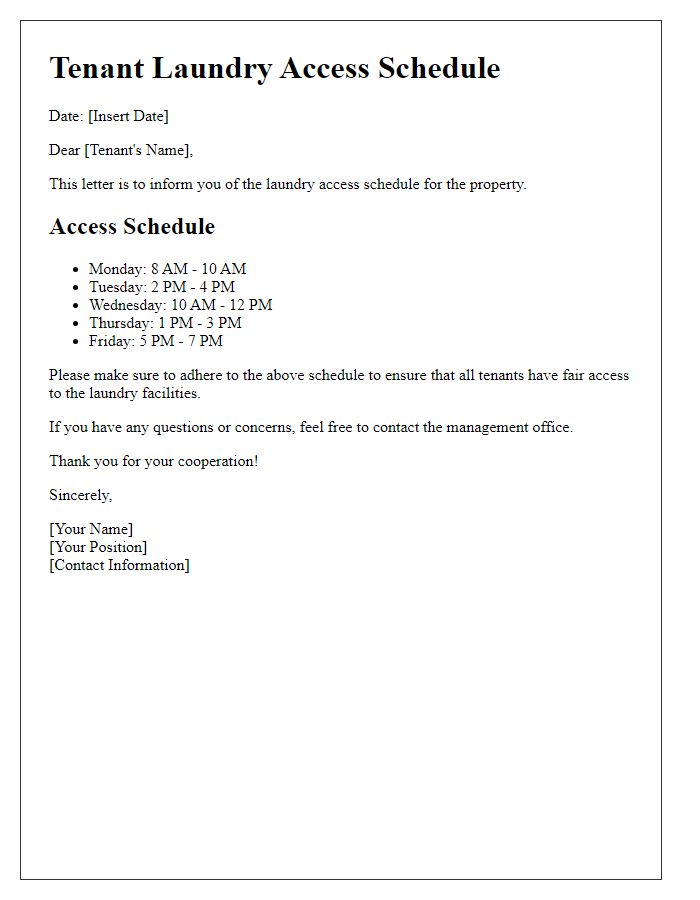 Letter template of tenant laundry access schedule